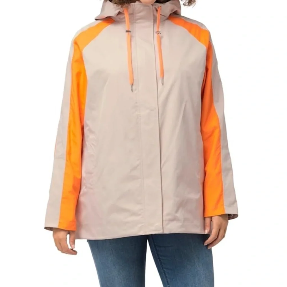 Ulla Popken Hyprar 20 22 2X Beige Neon Orange Hooded Jacket Windbreaker NWT Plus
